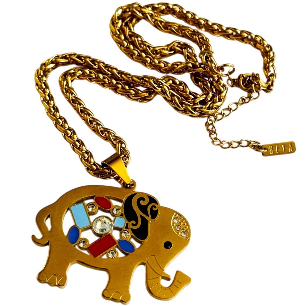 Beya Elephant Stainless Steel good luck necklace gold chain Mosaic designer 18"L